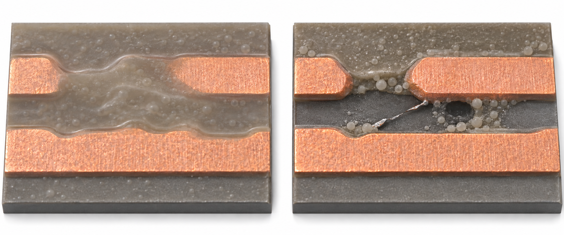 Magnified conceptual before-and-after view: Underfill obscures a fine solder filament; MIP organic removal exposes the filament and adjacent void