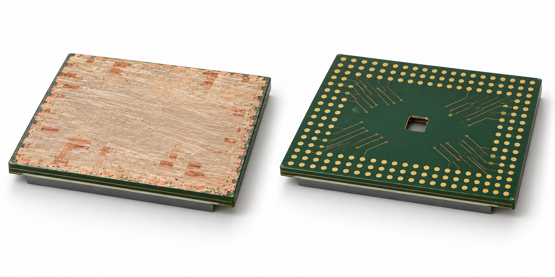 Low-profile flip-chip package comparison: broad grinding versus a very small central substrate-side opening with the die retained below