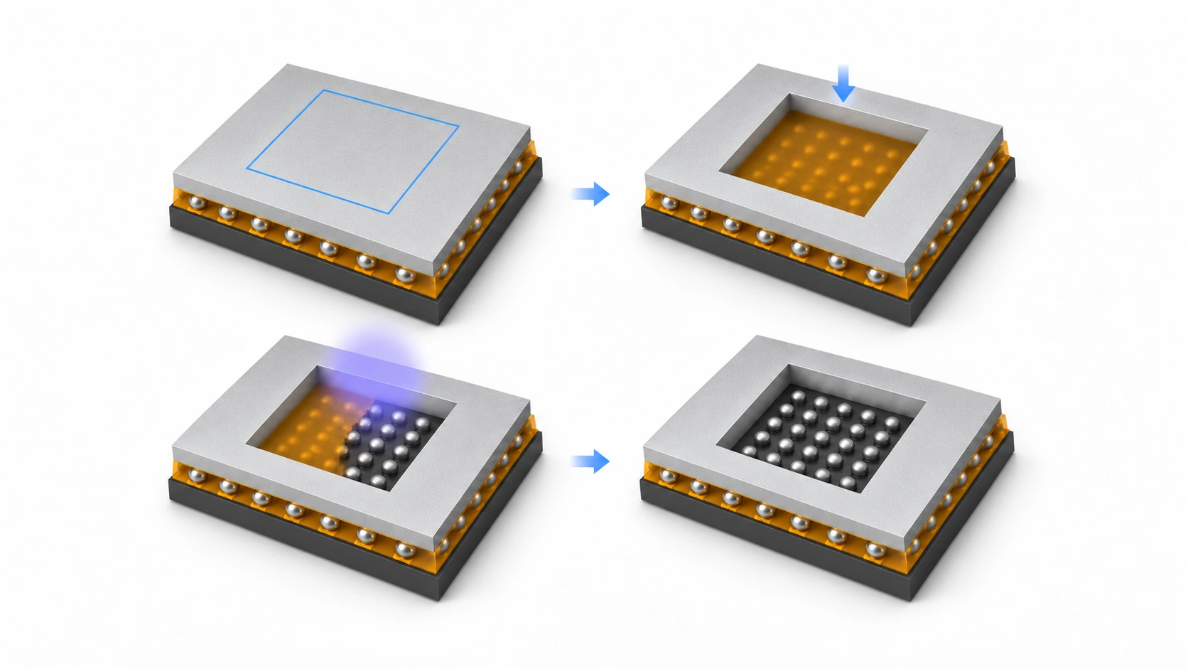 Approximately 45-degree view of iMech Pro and MIP preparation: flip the sample and mark an enlarged central region; locally grind while retaining amber underfill in the opening; progressively remove underfill with MIP; reveal silver microbumps and dark gaps. The original top die stays intact underneath.
