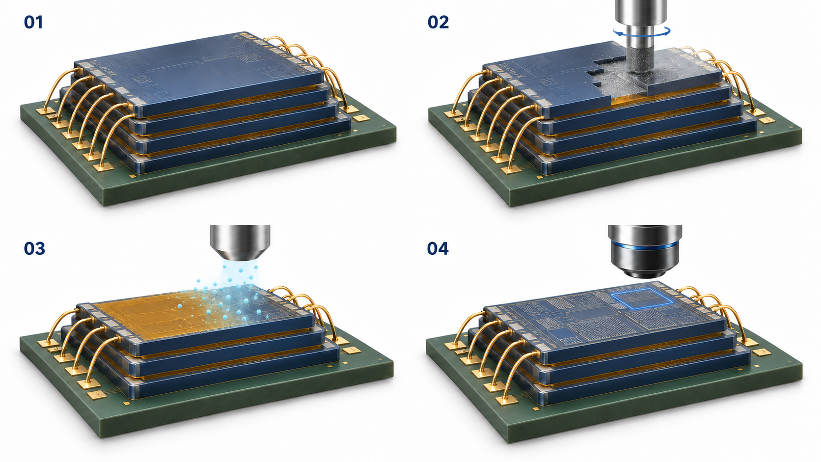 Conceptual die-delayering render · 01 Stack exposure → 02 Controlled grinding → 03 MIP interlayer-residue removal → 04 Lower-die inspection. Illustration, not a sample photograph; geometry and dimensions are not to scale.